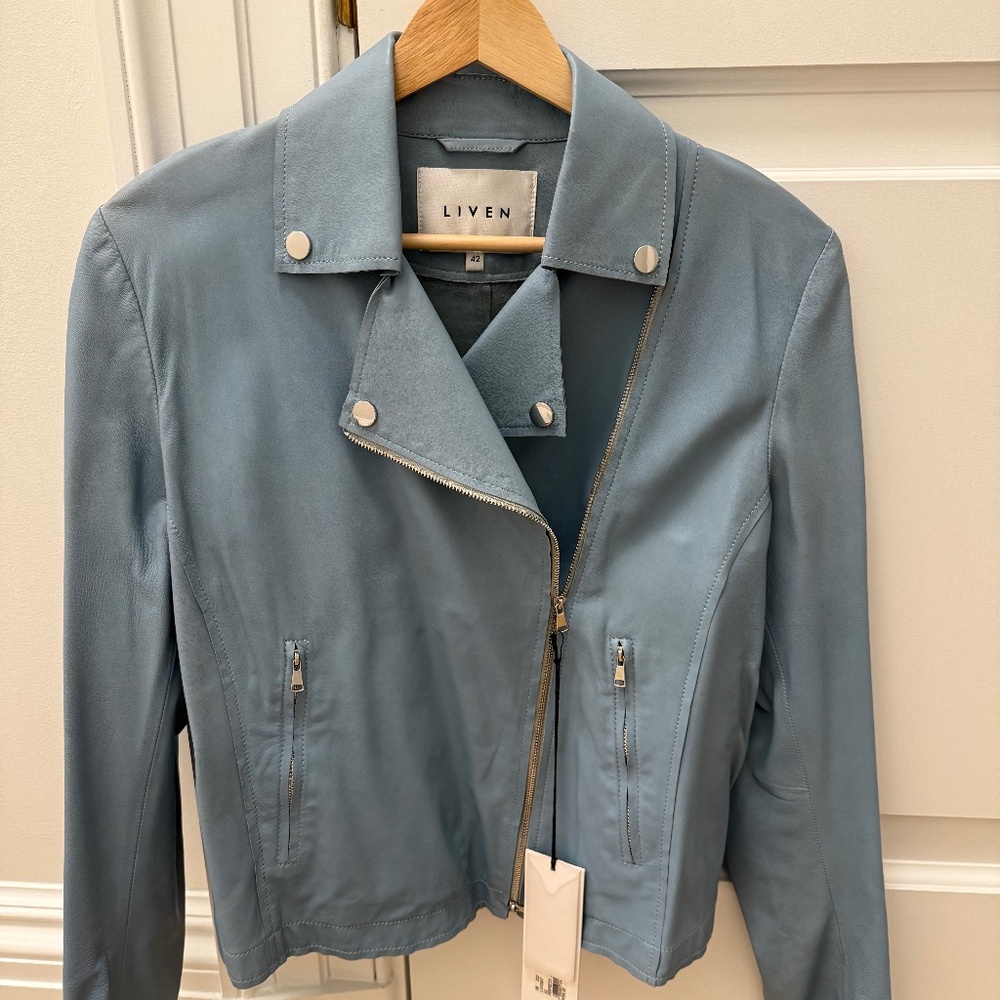 blue leather moto jacket